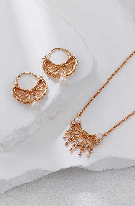 Fan-Shaped Pearl Pendant Earrings and Necklace Set