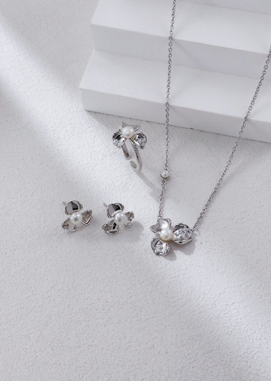 Floral Petal Zirconia Jewelry Set – Necklace, Earrings & Ring for Women, Elegant Gift, Dainty Flower Design, Bridesmaid Jewelry, Wedding Accessories