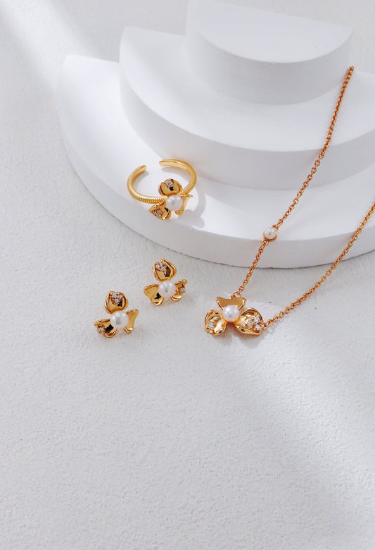 Floral Petal Zirconia Jewelry Set – Necklace, Earrings & Ring for Women, Elegant Gift, Dainty Flower Design, Bridesmaid Jewelry, Wedding Accessories
