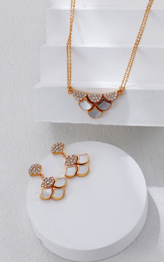Mother of Pearl Zircon Layered Earrings and Necklace Set